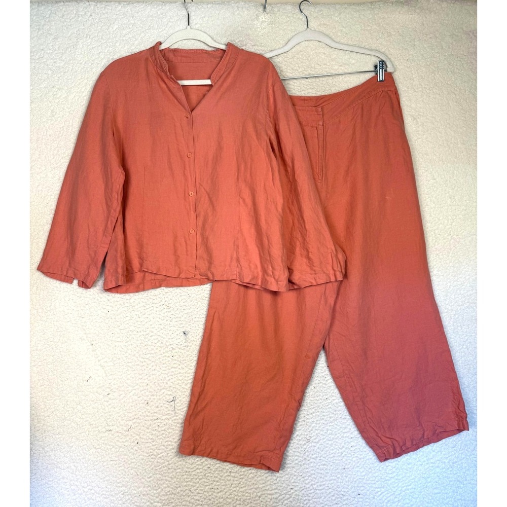 Eileen Fisher Linen Wide Leg Crop‎ Pant Set Sz L Coral Lagenlook Coastal